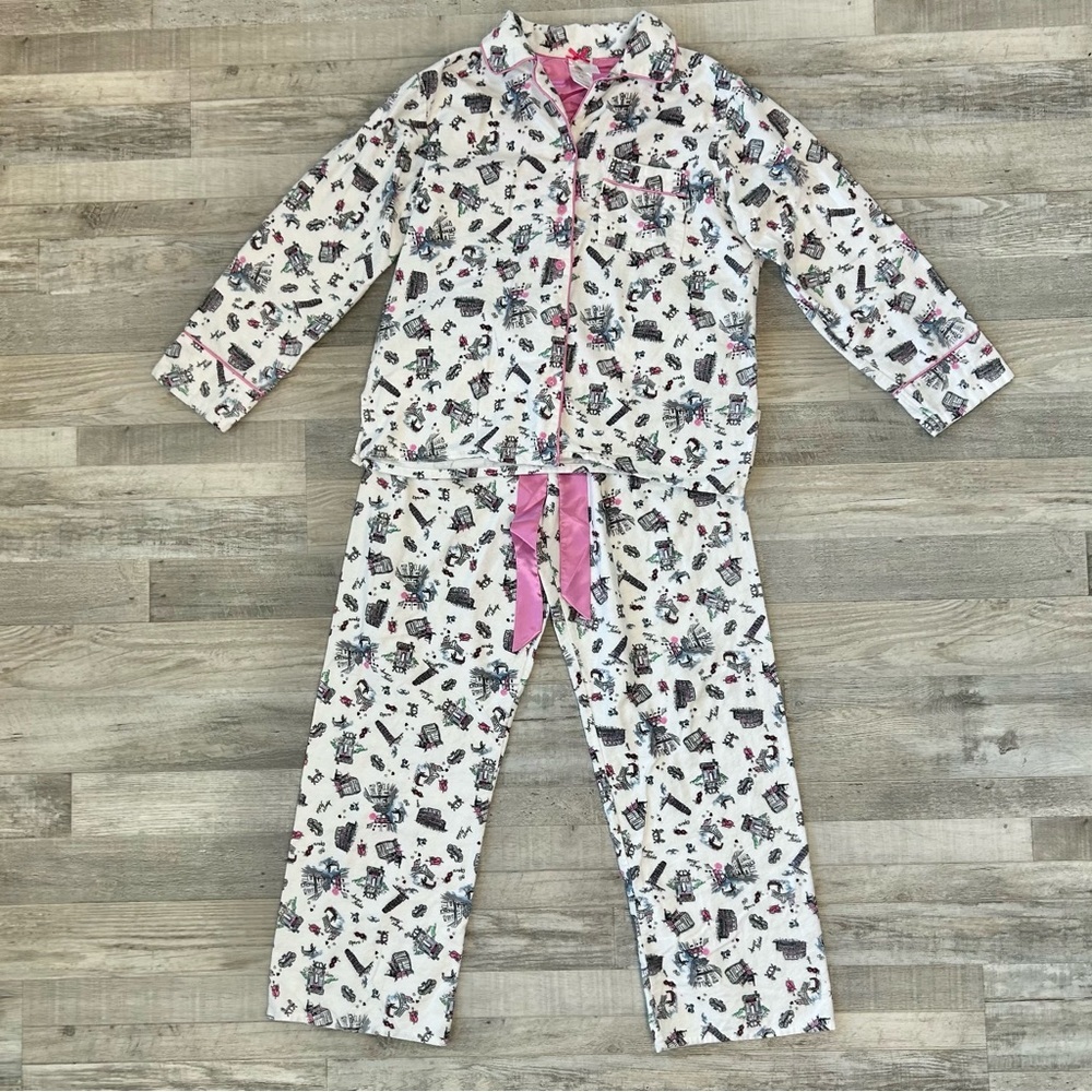 Kay Anna White Italy Print Flannel Womens Pajama Set Size Small Rome, Venice H21
